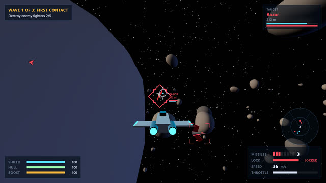 Milestone 1: grey boxes and flat-shaded shapes flying in a black void.