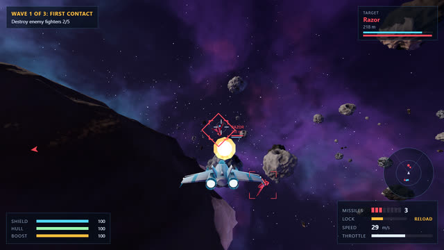 Milestone 2: the modelled ships and asteroids against a purple nebula.