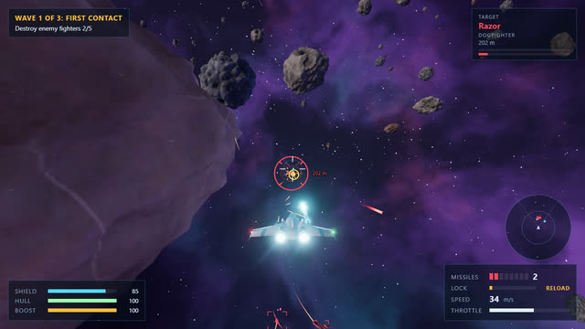 Milestone 3: laser bolts, engine trails and bloom in a dogfight.